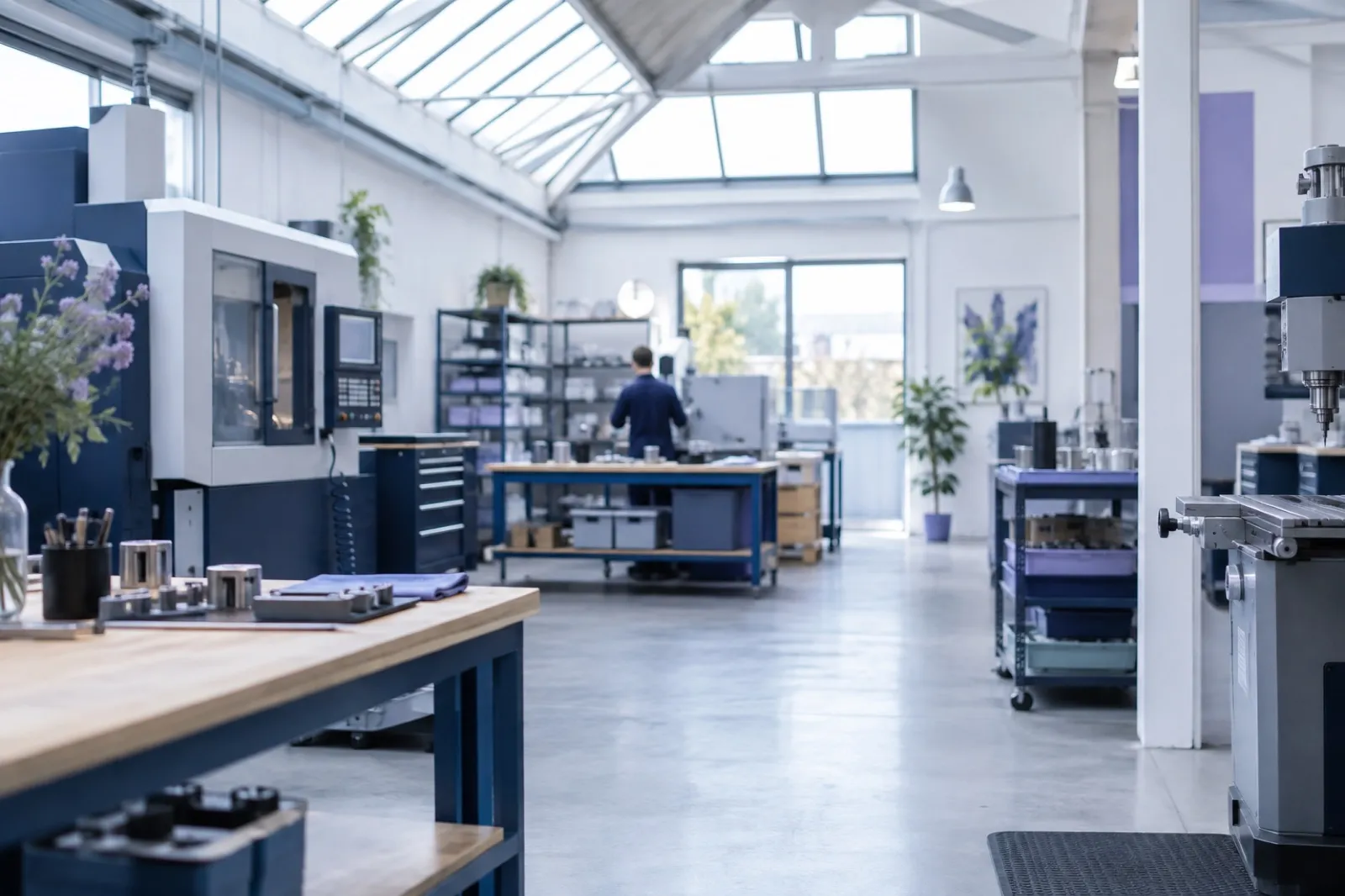 Atelier industriel lumineux avec machines-outils, établis et un opérateur au travail